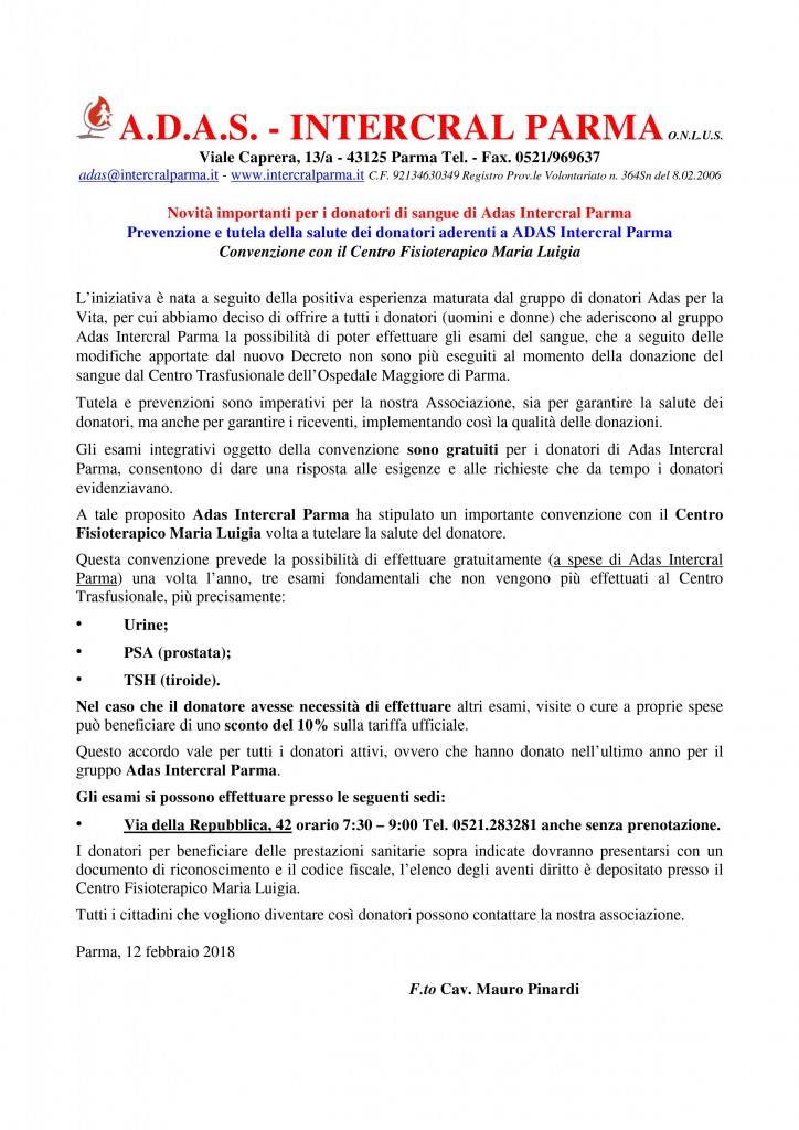 Prevenzione e tutela della salute dei donatori aderenti a ADAS Intercral Parma