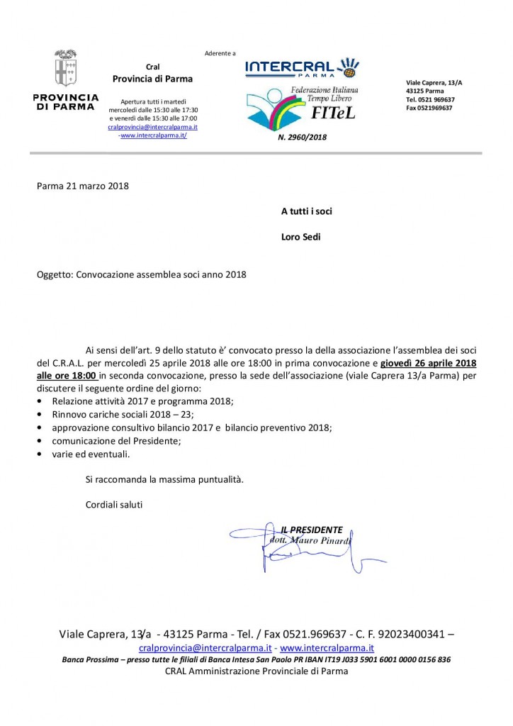 convocazione assemblea CRAL PROV 26 aprile 2018