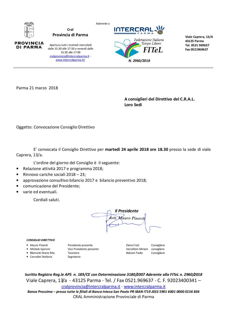convocazione consiglio CRAL PROV 24 aprile 2018