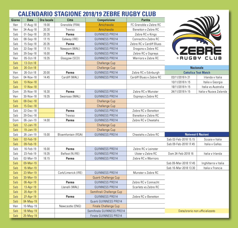 ZEBRE CALENDARIO 2018 2019