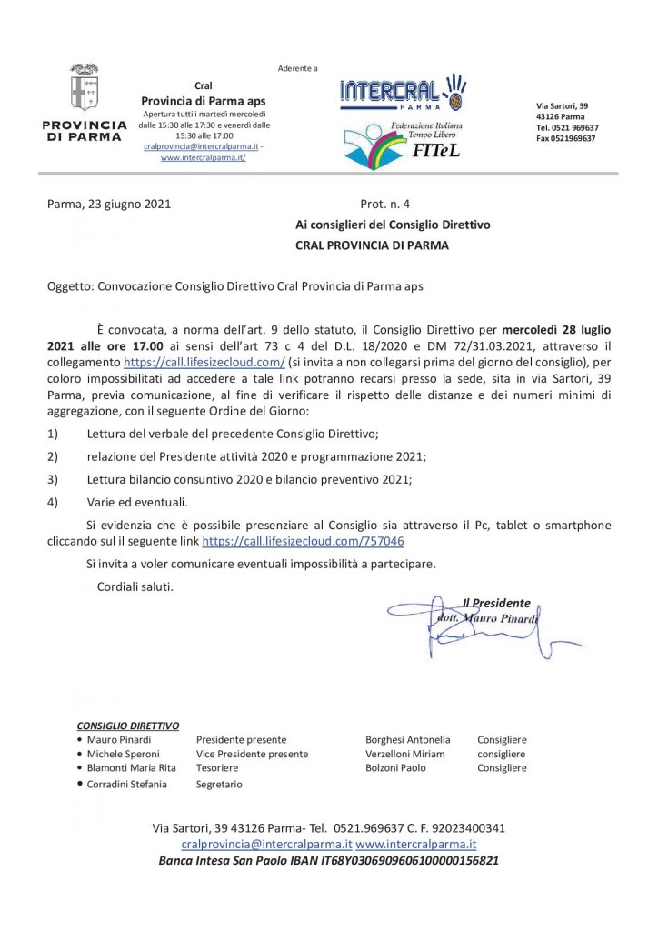 Convocazione direttivo CRAL PROV LUG2021